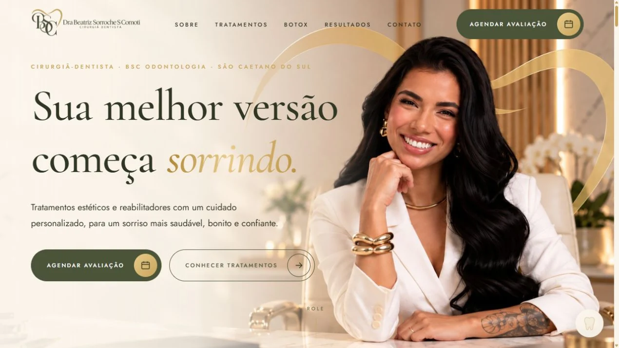Site BSC Odontologia, com apresentação da Dra. Beatriz e identidade em creme, verde e dourado
